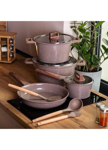 Набір посуду алюміній з товстим дном з лопаткою, ополоником і пензликом кавовий HP-4-406CO (A-033020) MGC (361242351)