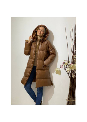 Коричнева зимня куртка жіноча еко шкіра пуховик (коричнева), розмір одягу s-m, колір коричневий KRK KARAKAS