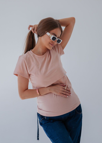 Пудровая всесезон футболка для беременных с секретом для кормления с коротким рукавом HN