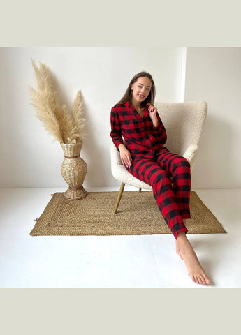 Комбінована піжама (сорочка+штани) жіноча тепла фланель клітинка червона з чорним f71p Cosy