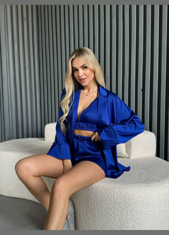 Синя приємна до тіла шовкова піжама трійка (сорочка+топ+шорти), легка синя однотонна літня піжама No Brand 562