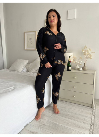 Чорна всесезон піжама жіноча домашній костюм plus size сорочка + брюки No Brand