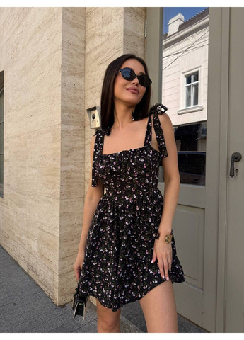 Черное женское платье с имитацией корсета мод.1069 черный принт Україна