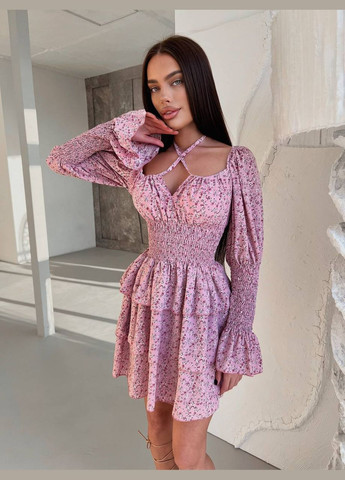 Розовое повседневный, вечернее, кэжуал женское платье клеш FINO Mode с цветочным принтом