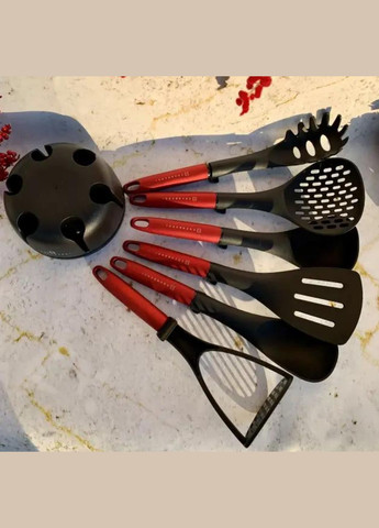 Набор кухонных принадлежностей EB-3607 из нейлона на подставке 7 пр красная ручка (EB-3607-red) Edenberg (325471566)