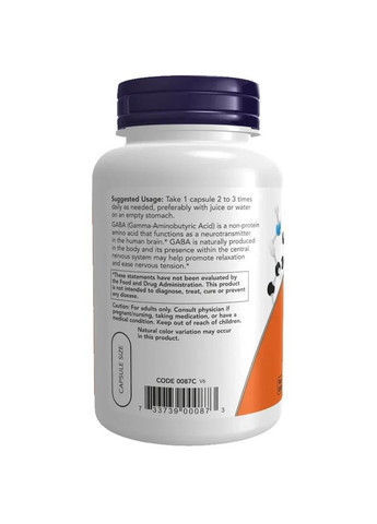 ГАМК гамма-аминомасляная кислота GABA 500 мг 100 растительных капсул Now Foods (361117760)