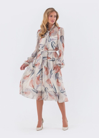 Молочна шифонова сукня з квітковим принтом і коміром-аскот молочна Dressa