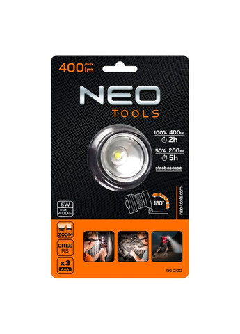 Ліхтар налобний на батарейках, AAAх3, 400лм, 5Вт, 3 функції освітлення, зум Neo Tools (315502463)