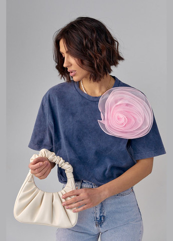 Жіноча футболка з об'ємною квіткою - джинс Lurex - (293292923)