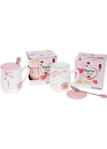Кружка порцелянова "Sakura" 380мл з кришкою і ложкою, 4 дизайни Bona (330139206)
