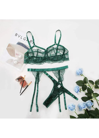 Зеленый демисезонный кружевной комплект нижнего белья с поясом и подтяжками. кружевное нижнее белье с поясом для чулок China
