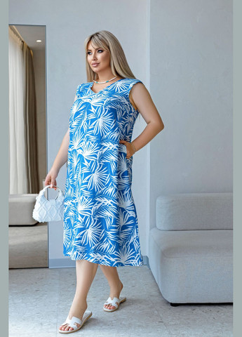 Синя повсякденний котонова сукня-сарафан дзвін No Brand з квітковим принтом