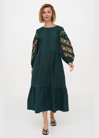 Зелена лляна максі сукня-вишиванка з поясом, з мереживом і квітковою вишивкою на рукавах забава., р., код 0463/46/1463 ГАЛЕРЕЯ ЛЬОНУ