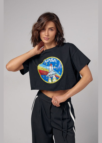 Черная летняя укороченная женская футболка с принтом nasa 1259 с коротким рукавом Lurex
