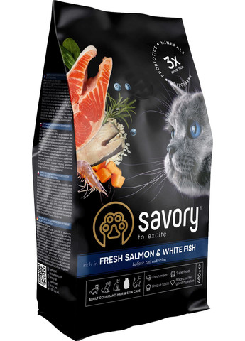 Сухий корм для довгошерстих кішок зі свіжим лососем і білою рибою 400 г (30013) Savory (279571942)