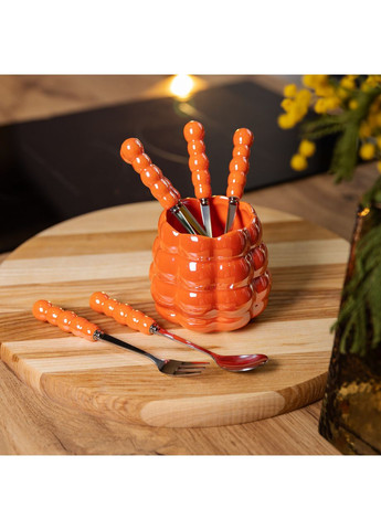 Набор десертных вилок и ложек с керамическими ручками и подставкой для 3 персон, 7 приборов Оранжевый Yiwu (360456774)