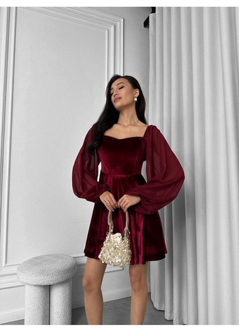 Бордова повсякденний, вечірня, кежуал, ділова жіноча сукня з шифоновими рукавами кльош No Brand однотонна