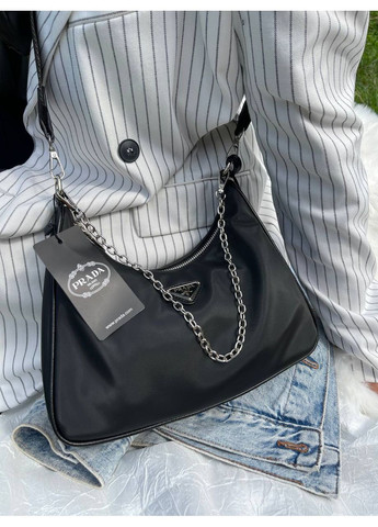 Сумка жіноча Прада на плече Prada Biа g Re-Edition 2005 Black/Silver нейлон крос Боді чорний No Brand (354792739)