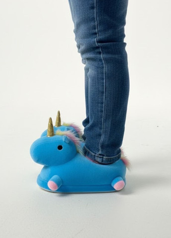 Темно-голубые детские плюшевые тапочки единороги с противоскользящей подошвой My Kigu