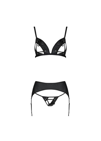 Чорний демісезонний комплект з екошкіри miley set xxl/xxxl, black, трусики, бюстгальтер, пояс для панчіх Passion