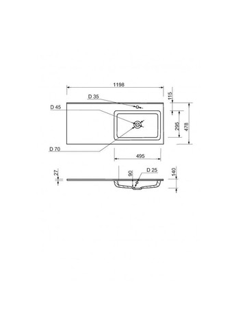 Умывальник 1198х478мм, с отверстием для смесителя/перелива, правое крыло Flat Белый (360001198478) Adamant (373006163)