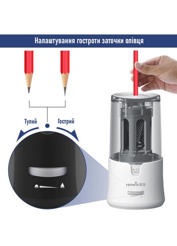 Точилка для олівців 8038 USB (6-12 мм), біла Tenwin (327041830)