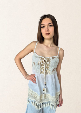 Топ на бретельках женский с бежевыми китицами снизу No Brand (333832285)