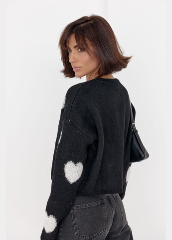 Черный демисезонный женский вязаный свитер oversize с сердечками 218 Lurex