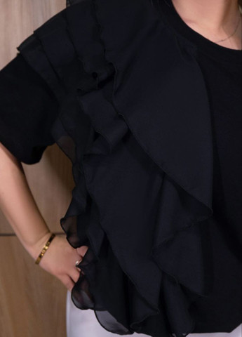 Чёрная стильная летняя блуза с сетчатыми рюшами No Brand
