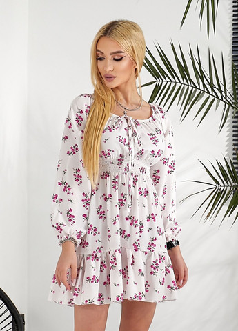 Белое повседневный, кэжуал мини платье с длинными рукавами клеш, колокол No Brand с цветочным принтом