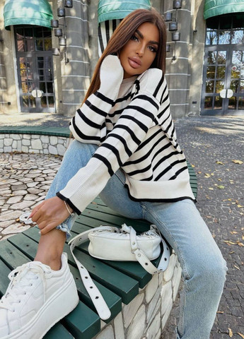 Білий демісезонний подовжений смугастик оверсайз у смужку джемпер Україна