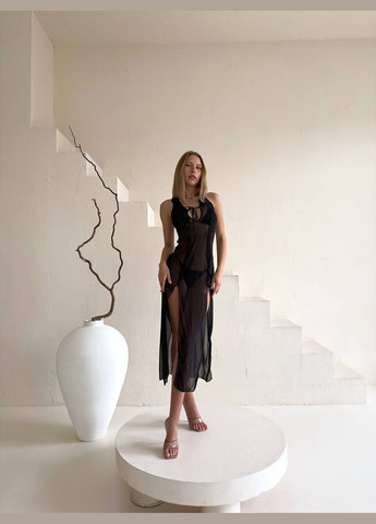 Чорний літній елегантний базовий купальник з сіткою-сукнею роздільний Vakko