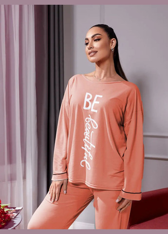 Пудровая всесезон женская пижама батал, домашний костюм из стрейч трикотажа. лонгслив + брюки No Brand піжама