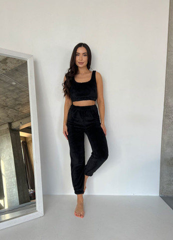 Черный демисезонный махровый костюм: топ+штаны No Brand