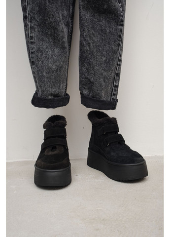 Зимние женские зимние замшевые ботинки чёрного цвета с мехом на высокой подошве и двумя липучками (отшив 3 дня) Paradize из натуральной замши