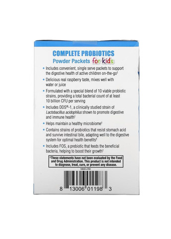 Пробиотики и пребиотики Complete Probiotics for Kids, 30 пакетиков Малина Dr. Mercola (294929126)