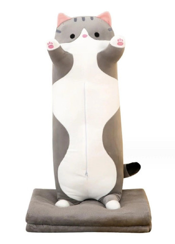 Комплект набір м'яка плюшева іграшка подушка обіймашка антистрес кіт Батон 55 см з пледом 120х160 см (476566-Prob) Сірий Unbranded (284667317)