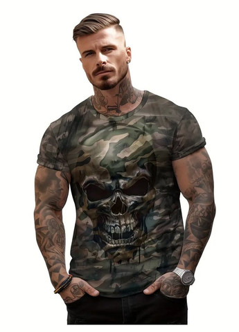 Комбинированная камуфляжная мужская футболка 3d печать воинственный череп термо дышащая xxl 56 No Brand