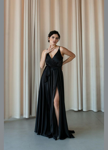 Черное вечернее платье с юбкой-солнце, на запах, а-силуэт JadFashion однотонное