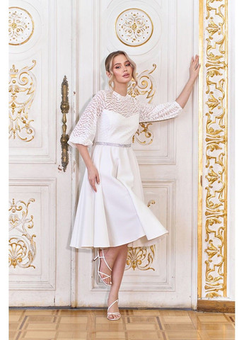 Молочное коктейльное платье с кружевным верхом и расклешенной юбкой 25008 молочное Tanita-Romario