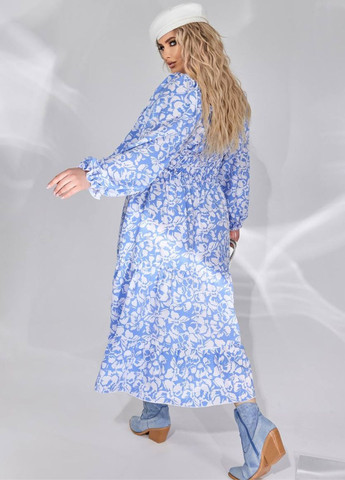 Голубое повседневный платье макси с вырезом каре на завязках No Brand с цветочным принтом
