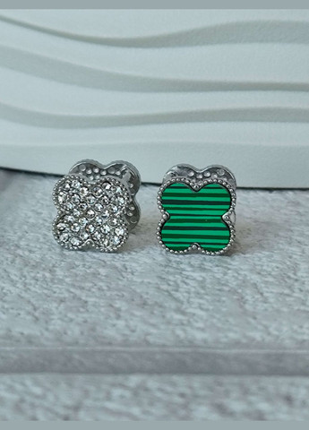 Сережки двосторонні Конюшина клевер Зелена емаль медсталь під срібло родій Stainless Steel (336517423)