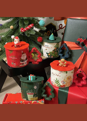 Чашка з зображенням подарунка та ручкою у вигляді ялинки + ложечка у зеленому кольорі. Подарункова упаковка No Brand (315034630)