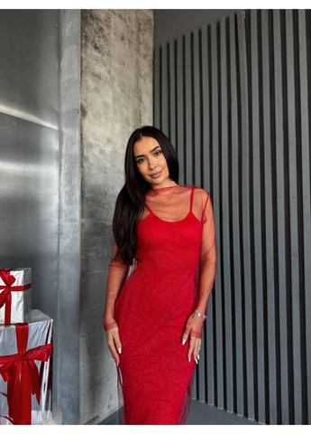 Красное праздничный, вечернее элегантное платье 2-в-1 с блестящей сеткой Vakko однотонное