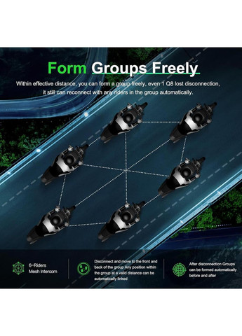 Bluetooth интерком Q8 с Mesh 3.0, CVC шумоподавлением, FM, IP67, 1200 мАч аккумулятор, мотогарнитура 1000м No Brand (346493705)