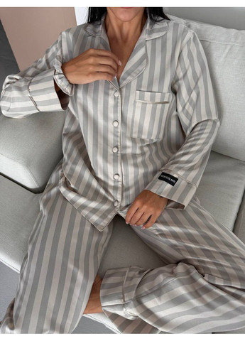 Серая всесезон женская пижама серая с полосатым узором рубашка + брюки Vital-Textile 1294
