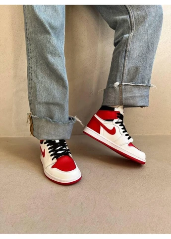 Білі Осінні кросівки чоловічі nike air jordan 1 retro white university red найк аір джордан No Brand
