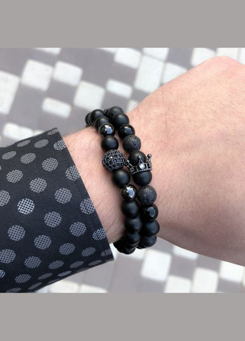 Чоловічі браслети з натурального каміння (комплект) з короною та сферою чорні No Brand (328251214)