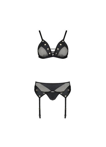 Комбінований демісезонний комплект білизни nessy set l/xl black, бюстгальтер, пояс для панчіх, стрінги Passion