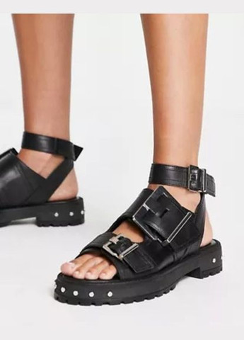 Босоніжки Asos finchley premium leather chunky flat sandals with buckles in black (290888515)